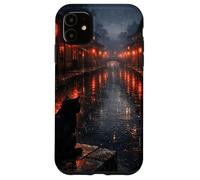 Custodia per iPhone 11 Scena di strada piovosa del gatto nero del gatto nero giapponese
