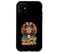 Custodia per iPhone 11 Stay Groovy Retro Hippie Woman Peace Sign Sunset