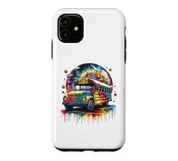 Custodia per iPhone 11 Tie Dye School Bus Art Psychedelic Retro Colors Futuristic
