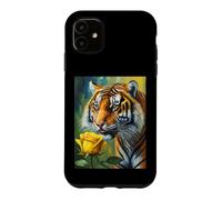 Custodia per iPhone 11 Tiger Sniffing a Yellow Rose Illustration Graphic Design