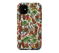 Custodia per iPhone 11 Ukulele Tiki hawaiano con fiori di ibisco e palma