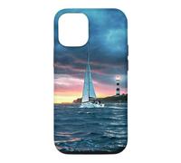 Custodia per iPhone 12/12 Pro Coastal Lighthouse Sailboat Ocean Sunset Scenic Artwork
