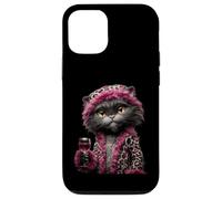 Custodia per iPhone 12/12 Pro Elegante bicchiere da vino con ritratto di gatto, alla moda, con grafica in ambra