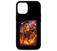 Custodia per iPhone 12/12 Pro Funny Coffee Orange Cat Riding T-Rex in Cosmic Galaxy UFO