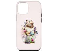 Custodia per iPhone 12/12 Pro Happy Easter Cat Easter Tea Cup Coffee Cat Siamese Floral