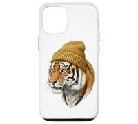 Custodia per iPhone 12/12 Pro Hipster Tigre in Giallo Beanie Animal Art