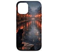Custodia per iPhone 12/12 Pro Scena di strada piovosa del gatto nero del gatto nero giapponese