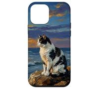 Custodia per iPhone 12 mini Gatto gazza bianca e nera al tramonto Beach Opera d'arte