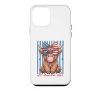 Custodia per iPhone 12 mini Occhiali da sole Patriotic Highland Cow Pink Bubble