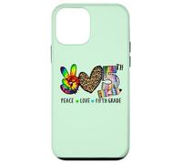 Custodia per iPhone 12 mini Peace Love 5th Grade, Leopard Tie Dye Pencil Design Teacher
