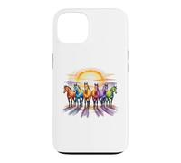 Custodia per iPhone 13 Cavalli colorati in acquerello arcobaleno con Sunrise Equine