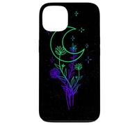 Custodia per iPhone 13 Celeste Fiore Luna Line Art Vibrante Strega Estetica