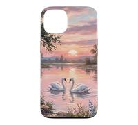 Custodia per iPhone 13 Cigni bianchi sul lago in rosa pastello al tramonto con fiori