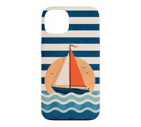 Custodia per iPhone 13 Design a strisce nautiche in barca a vela verso il tramonto
