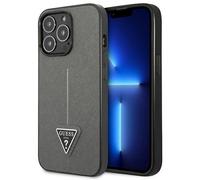 Custodia per iPhone 13 Guess Saffiano con logo triangolare, colore argento.