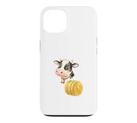 Custodia per iPhone 13 Illustrazione Mucca Carina con Balla di Fieno Rotonda