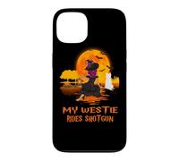 Custodia per iPhone 13 My Westie Rides Shotgun Dog Witch Funny Halloween Costume