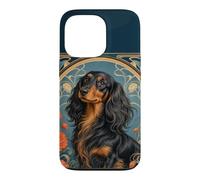 Custodia per iPhone 13 Pro Bassotto nero e marrone chiaro a pelo lungo Art Nouveau