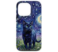 Custodia per iPhone 13 Pro Black Cat Night Glow Stars and Moon Opera d'arte