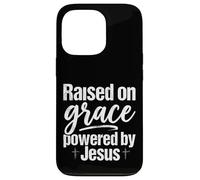 Custodia per iPhone 13 Pro Citazione di fede cristiana "Raised on Grace Powered by Jesus Christian Faith"