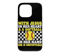 Custodia per iPhone 13 Pro Con Gesù nel suo cuore e un softball in mano cristiano