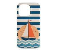 Custodia per iPhone 13 Pro Design a strisce nautiche in barca a vela verso il tramonto