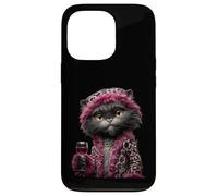 Custodia per iPhone 13 Pro Elegante bicchiere da vino con ritratto di gatto, alla moda, con grafica in ambra