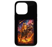 Custodia per iPhone 13 Pro Funny Coffee Orange Cat Riding T-Rex in Cosmic Galaxy UFO