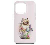 Custodia per iPhone 13 Pro Happy Easter Cat Easter Tea Cup Coffee Cat Siamese Floral