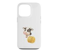 Custodia per iPhone 13 Pro Illustrazione Mucca Carina con Balla di Fieno Rotonda