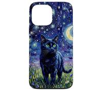 Custodia per iPhone 13 Pro Max Black Cat Night Glow Stars and Moon Opera d'arte