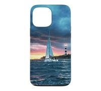 Custodia per iPhone 13 Pro Max Coastal Lighthouse Sailboat Ocean Sunset Scenic Artwork