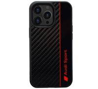 Custodia per cellulare Audi Sport - Compatibile con iPhone 13 Pro Max - Cover antiurto in carbonio - Progettata con ritagli precisi per fotocamera, porte e pulsanti - Nero con dettagli rossi