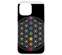 Custodia per iPhone 13 Pro Max fiore della vita con simboli chakra, geometria sacra mandala
