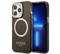 Custodia per iPhone 13 Pro Max Guess MagSafe con contorno oro, nera traslucida