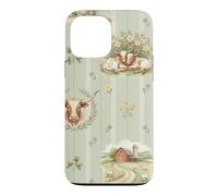 Custodia per iPhone 13 Pro Max Longhorn - Acquerello con prato e mucca, uccellino, fattoria, floreale