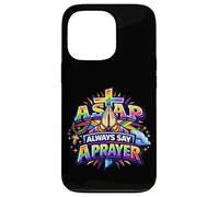 Custodia per iPhone 13 Pro Rosario cristiano con croce arcobaleno e scritta "Always Say A Prayer