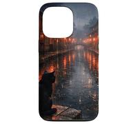 Custodia per iPhone 13 Pro Scena di strada piovosa del gatto nero del gatto nero giapponese