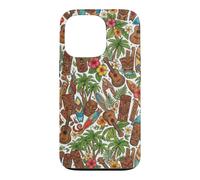 Custodia per iPhone 13 Pro Ukulele Tiki hawaiano con fiori di ibisco e palma