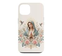 Custodia per iPhone 13 Vergine Maria Floreale Preghiera Arte con Gigli e Colibrì