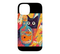 Custodia per iPhone 14 Arte Di Gatto Nero Curioso E Pesciolino Rosso