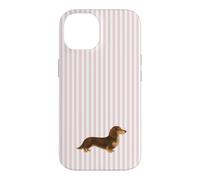 Custodia per iPhone 14 Bassotto a pelo lungo marrone e crema a righe rosa