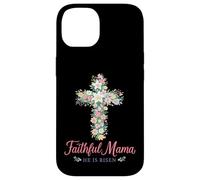 Custodia per iPhone 14 Christian - Croce floreale pasquale con scritta "Faithful Mama He Is Risen"