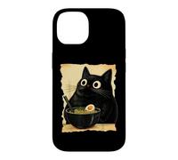 Custodia per iPhone 14 Funny Black Fat Cat Eating Ramen Japanese Kawaii Anime
