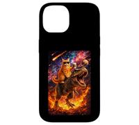 Custodia per iPhone 14 Funny Coffee Orange Cat Riding T-Rex in Cosmic Galaxy UFO