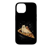 Custodia per iPhone 14 Gatto che cavalca una fetta di pizza ai peperoni attraverso Galaxy Funny Space