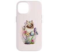 Custodia per iPhone 14 Happy Easter Cat Easter Tea Cup Coffee Cat Siamese Floral