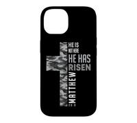 Custodia per iPhone 14 He Has Risen Matteo 28:6 Cristiano Pasqua Camo Croce Fede