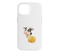Custodia per iPhone 14 Illustrazione Mucca Carina con Balla di Fieno Rotonda