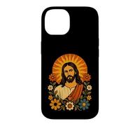Custodia per iPhone 14 Jesus Folk Art Sun Floral Christian Ritratto Icona Opera D'arte